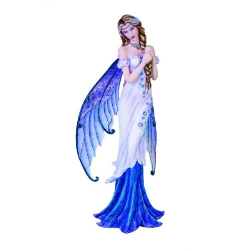 Elegant 48cm fairy figurine in lilac dress with butterfly wings and silver jewelry, perfect for garden or home decor.