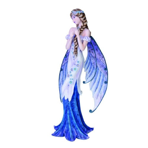 Elegant fairy figurine with lilac dress, butterfly wings, and detailed flowers, perfect for home or garden decor.