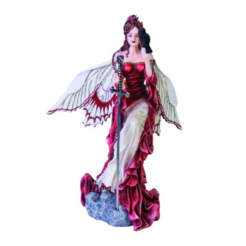 Nene Thomas 'Always Fairy' figurine features a sword-wielding fairy in a scarlet gown, adorned with jewels and a rose.