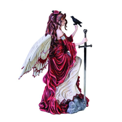 Nene Thomas 'Always Fairy' figurine in scarlet dress, wielding a sword and adorned with jewels and a rose, 28.5cm tall.