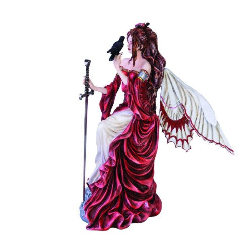 Nene Thomas 'Always Fairy' figurine in scarlet gown, holding a sword/letter opener, with glittery wings and rose accents.