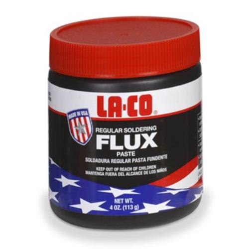 LA-CO Regular Soldering Flux 4oz, a water-soluble paste for superior copper soldering with NSF & UPC approvals.