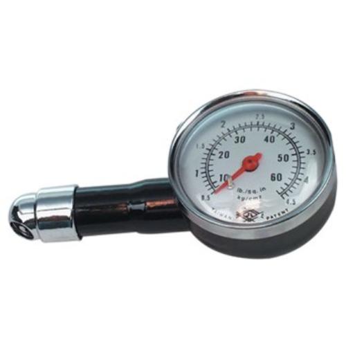 AmPro Tyre Gauge Dial Type with zinc alloy case, chrome valve head, and clear acrylic dial for precise tyre pressure readings.