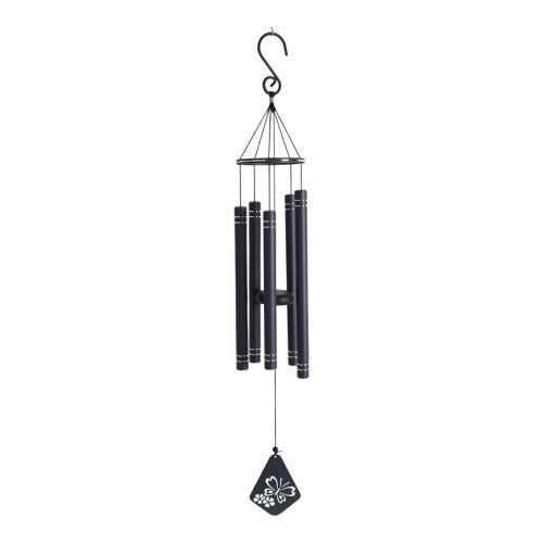 Navy 36-inch wind chime with metal tubes and wooden center, perfect for outdoor spaces, creating soothing sounds.