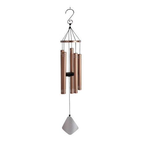 36" copper wind chime featuring varying tube lengths and a wooden centerpiece, creating soothing melodic sounds for outdoor spaces.
