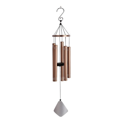 36" copper wind chime featuring varying tube lengths and a wooden centerpiece, creating soothing melodic sounds for outdoor spaces.