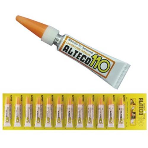 Alteco Super Glue 3g Blister Pack with 12 tubes, designed for fast bonding of rubber, plastic, and metal.