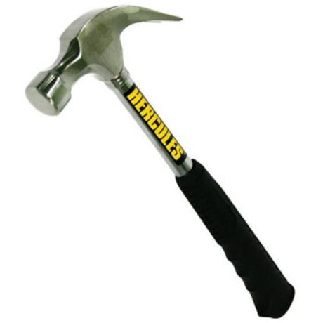 Hercules Claw Hammer with 16oz weight, tubular steel handle, rubber grip for shock support, ideal for woodworking and repairs.