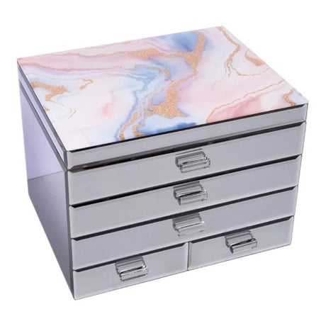 Pastel Dreams Extra Large Jewellery Box with elegant glass mirror pattern, felt-lined compartments, and four deep drawers for stylish organization.