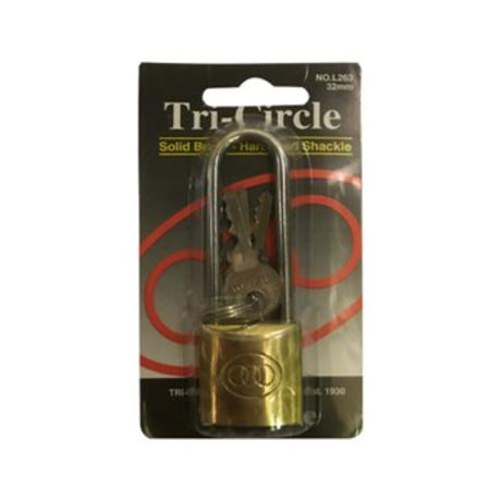 Tri-Circle L262 brass padlock with long shackle, durable design, includes 3 keys, double locking for added security.