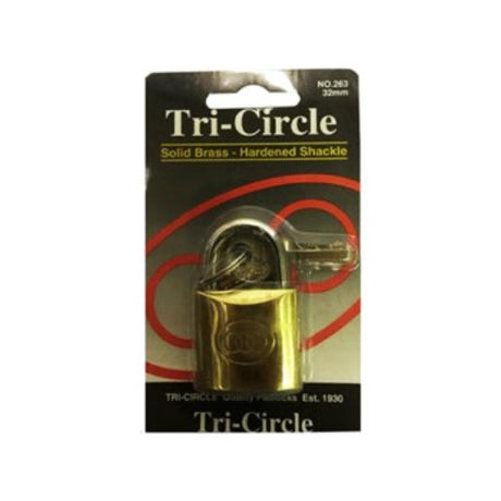 Tri-Circle 263 Brass Padlock, 32mm, solid brass, double locking, includes 3 keys, ideal for lockers and gates.
