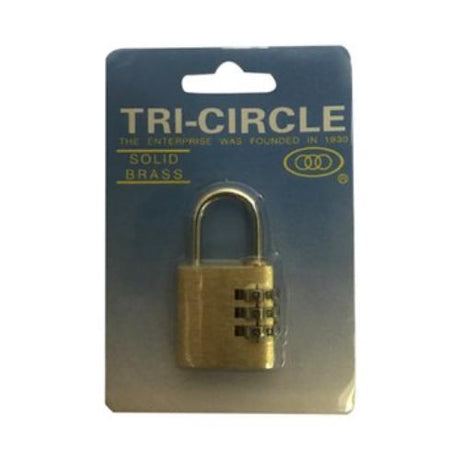 Tri-Circle KD-T1025 combination padlock in brass, 25mm, with a 3-row code system for secure and convenient locking.
