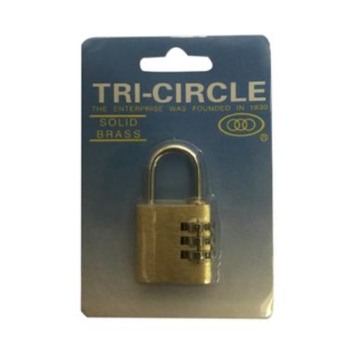 Tri-Circle KD-T1025 combination padlock in brass, 25mm, with a 3-row code system for secure and convenient locking.