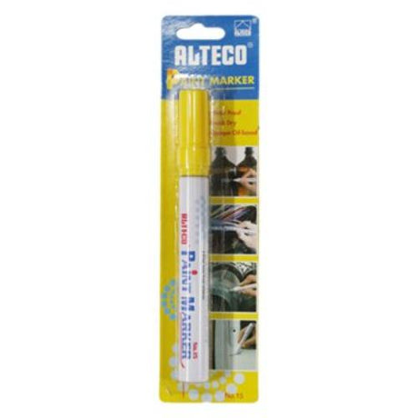 Alteco Yellow Paint Marker in blister pack, versatile for indoor/outdoor use on various surfaces, vibrant and waterproof.