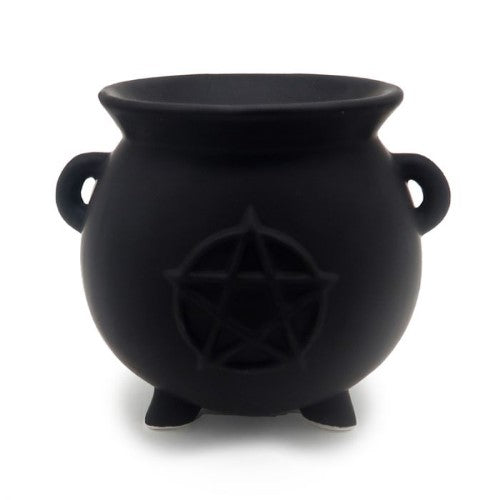 Black ceramic oil burner shaped like a cauldron with pentagram design, perfect for essential oils and gothic decor.