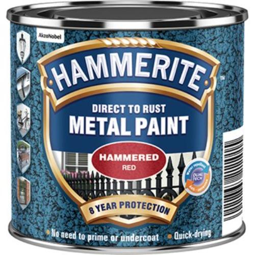 Hammerite Hammered 250ml Red paint for direct application on rusty metal, offering 8 years of weatherproof protection.