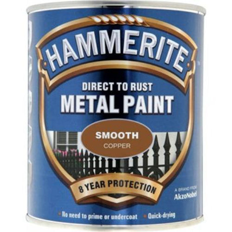 Hammerite Smooth 250ml Copper paint for rusty metals, providing a satin finish and 8 years of weather-resistant protection.