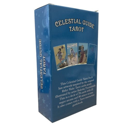 Celestial Guide Tarot deck featuring 78 beautifully illustrated cards with celestial themes, perfect for spiritual practices.
