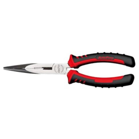 AmPro Long Nose Plier 200mm with cushion grip, durable steel, ergonomic handle, serrated jaws, and side cutter for versatility.