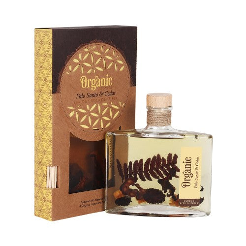 Reed diffuser featuring Palo Santo and Cedar scents, promoting relaxation and tranquility in a stylish, eco-friendly design.