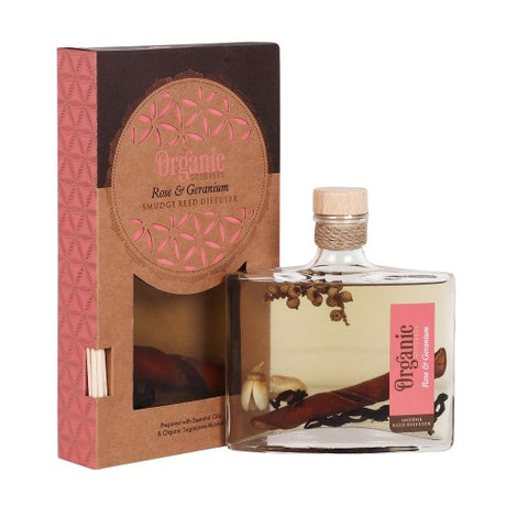 Reed diffuser featuring organic rose and geranium scents, promoting a serene atmosphere in a stylish 140 ml bottle.