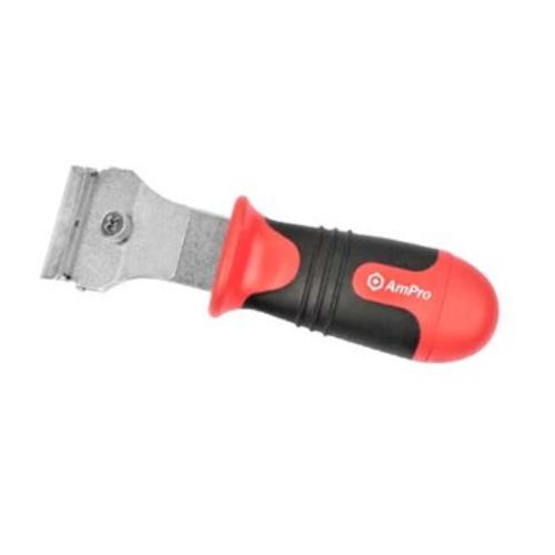 Compact Ampro 4 in 1 Stubby Scraper with TPR soft grip, single edge blades, and built-in blade storage for versatile projects.