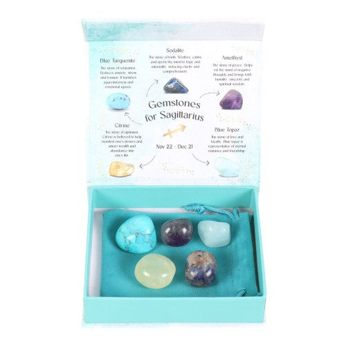 Sagittarius Gemstone Crystal Tumblestone Set featuring five crystals in a luxurious gift box for positivity and harmony.