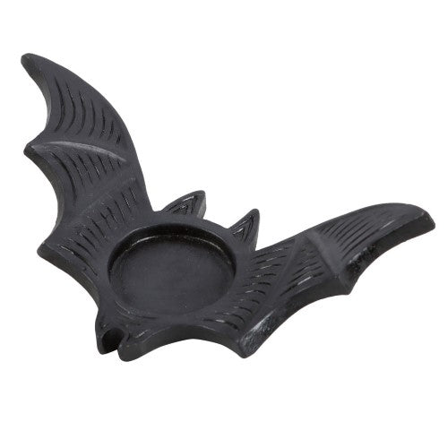 Bat Tealight Candle Holder in black resin, featuring a flying bat design, perfect for Halloween ambiance and spooky decor.