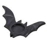 Bat Tealight Candle Holder in black resin, featuring a flying bat design, perfect for Halloween ambiance and spooky decor.