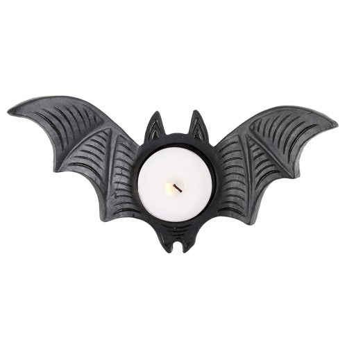 Bat Tealight Candle Holder with intricate wing details, deep black finish, perfect for Halloween decor and spooky ambiance.