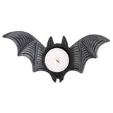 Bat Tealight Candle Holder with intricate wing details, deep black finish, perfect for Halloween decor and spooky ambiance.