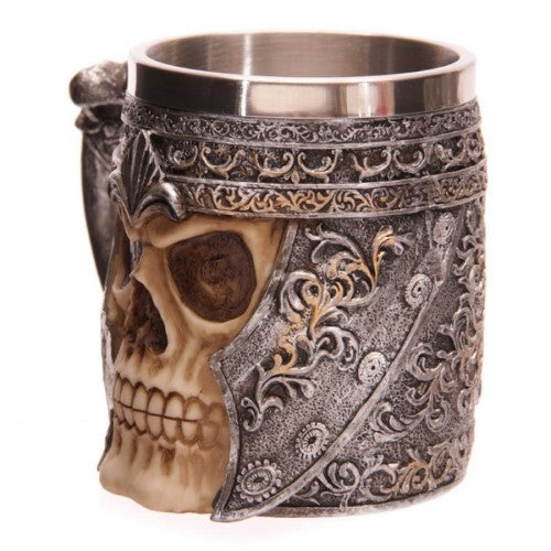 Alt text: "15cm Decorative Skull Warrior Tankard featuring intricate skull design, perfect for themed parties and collectors."