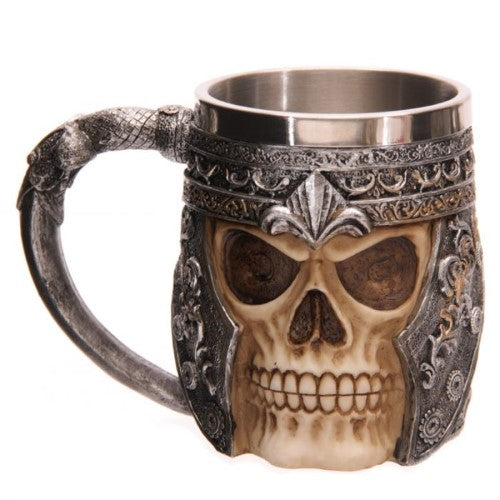 Decorative Skull Warrior Tankard with intricate skull details, perfect for unique drinkware and gothic-themed decor.