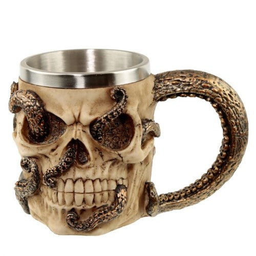 Decorative bronze tankard featuring an octopus skull, perfect for ocean lovers and unique home decor.