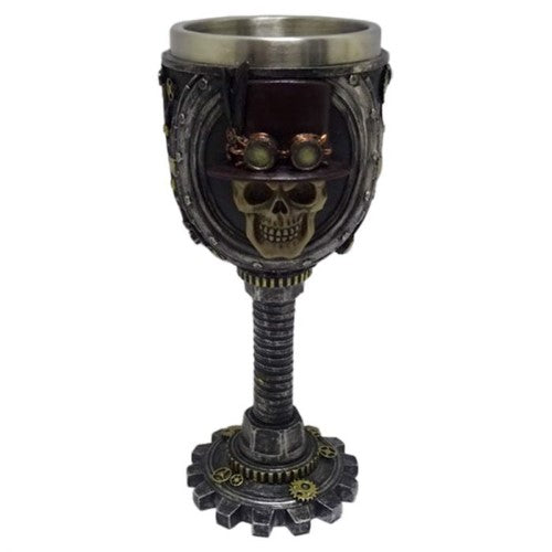 Decorative steampunk skull goblet, 18.8CM tall, featuring intricate details and a unique vintage-inspired design.