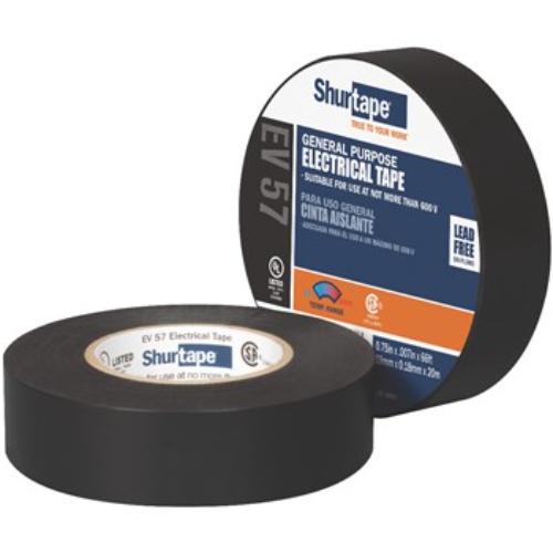 Shurtape EV 057 black electrical tape, 19mm x 20m, offers durable insulation and protection for electrical splices up to 600V.