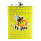 Joybee Metal Flask featuring a vibrant yellow honeycomb design and "bee happy" message, perfect for on-the-go hydration.