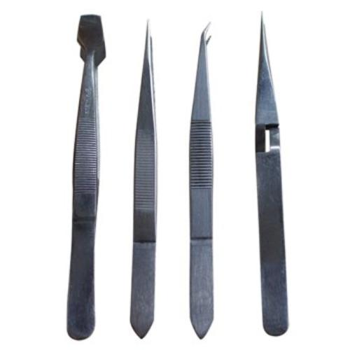 Stainless steel 4-piece tweezer set in wallet for precise beauty, crafting, and precision tasks.