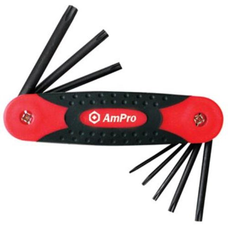 AmPro Folding Hex Key Set with 7 sizes, chrome vanadium steel, and cushioned grips for comfort and durability.