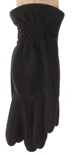 Black imitation suede gloves with touch screen finger, stretchy fit, and elasticized wrist for warmth and style.