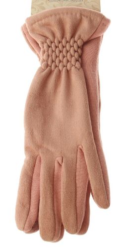 Stylish pink imitation suede gloves with touch screen compatibility and a comfortable knit underside.
