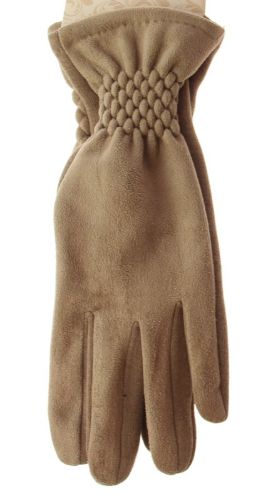 Stylish taupe imitation suede gloves with touch screen fingers and a comfortable stretch fit for winter wear.