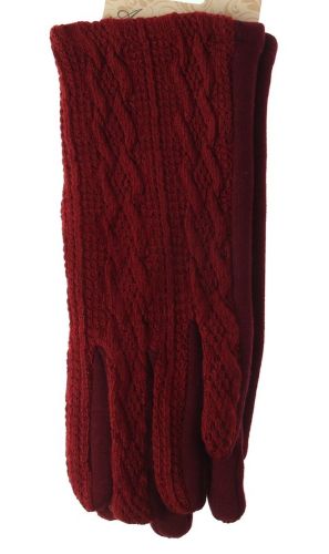 Stylish wine-colored patterned knit gloves with touch screen fingers and a comfortable stretch fit for winter wear.