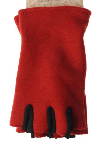 Vibrant red fingerless gloves made from 100% polyester, offering warmth and dexterity for any occasion.