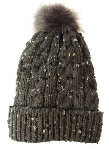 Textured grey beanie with fleece lining and fur pom pom, ideal for warmth and style in winter.