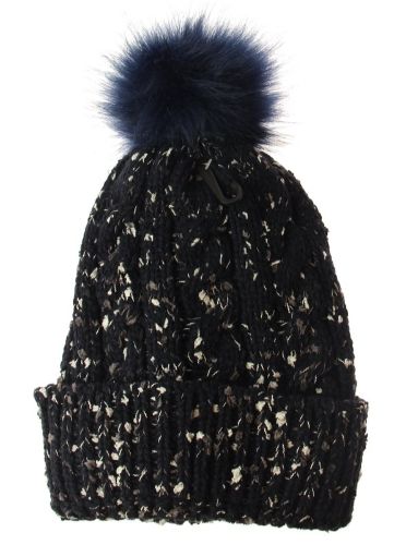 Navy textured beanie with fleece lining, fur pom pom, perfect for warmth and style in winter.