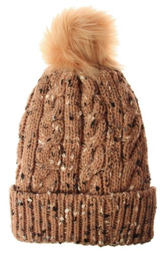 Pink textured beanie with cozy fleece lining and playful fur pom pom, perfect for stylish warmth in cold weather.