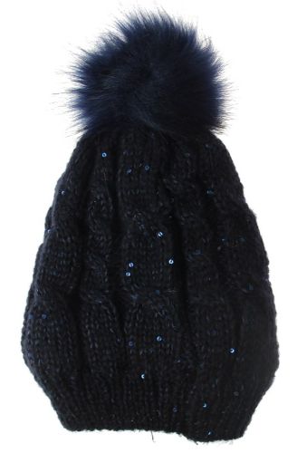 Navy beanie with sequins, fleece lining, and fur pom pom, perfect for stylish winter wear and warmth.