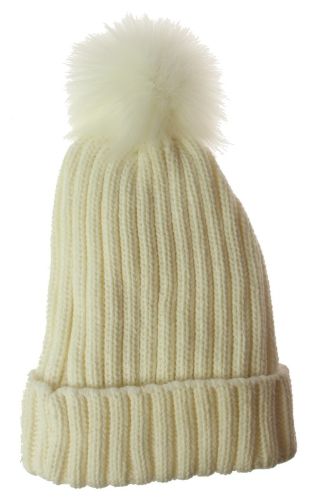 Cream knit beanie with stripes, fleece lining, and fur pompom, perfect for winter warmth and style.