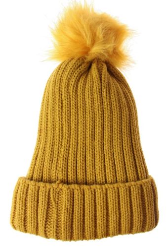 Mustard striped beanie with fleece lining and fur pompom, perfect for stylish warmth in winter.